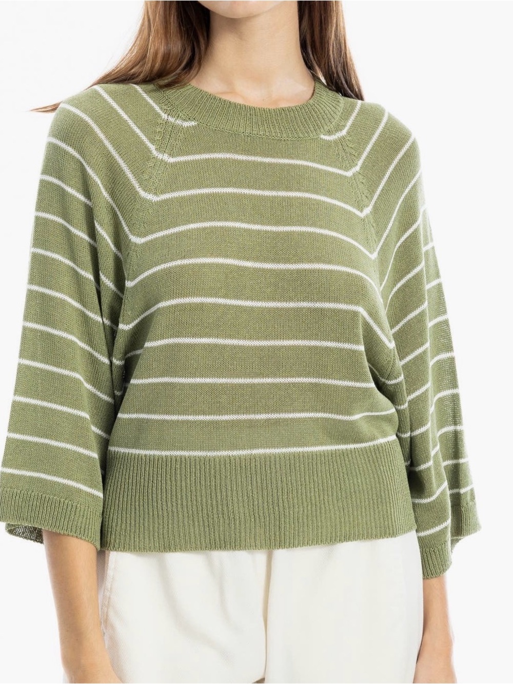 Max Studio Stripe Raglan Sleeve Sweater Olive/Ivory Size XL NWT